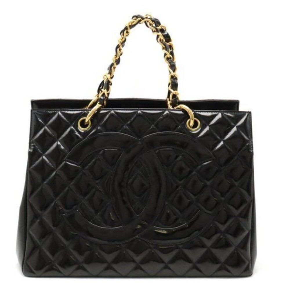 CHANEL CC Patent Shopping Tote Quilted Chain Shoulder Bag Gold Purse - Picture 2 of 16
